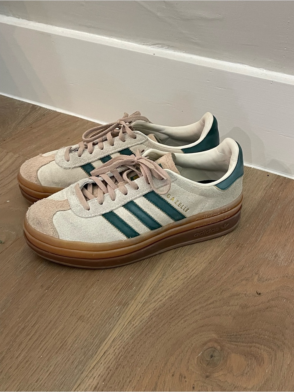 Adudas Gazelle Women's Suede Sneakers in Beige with Green Stripes